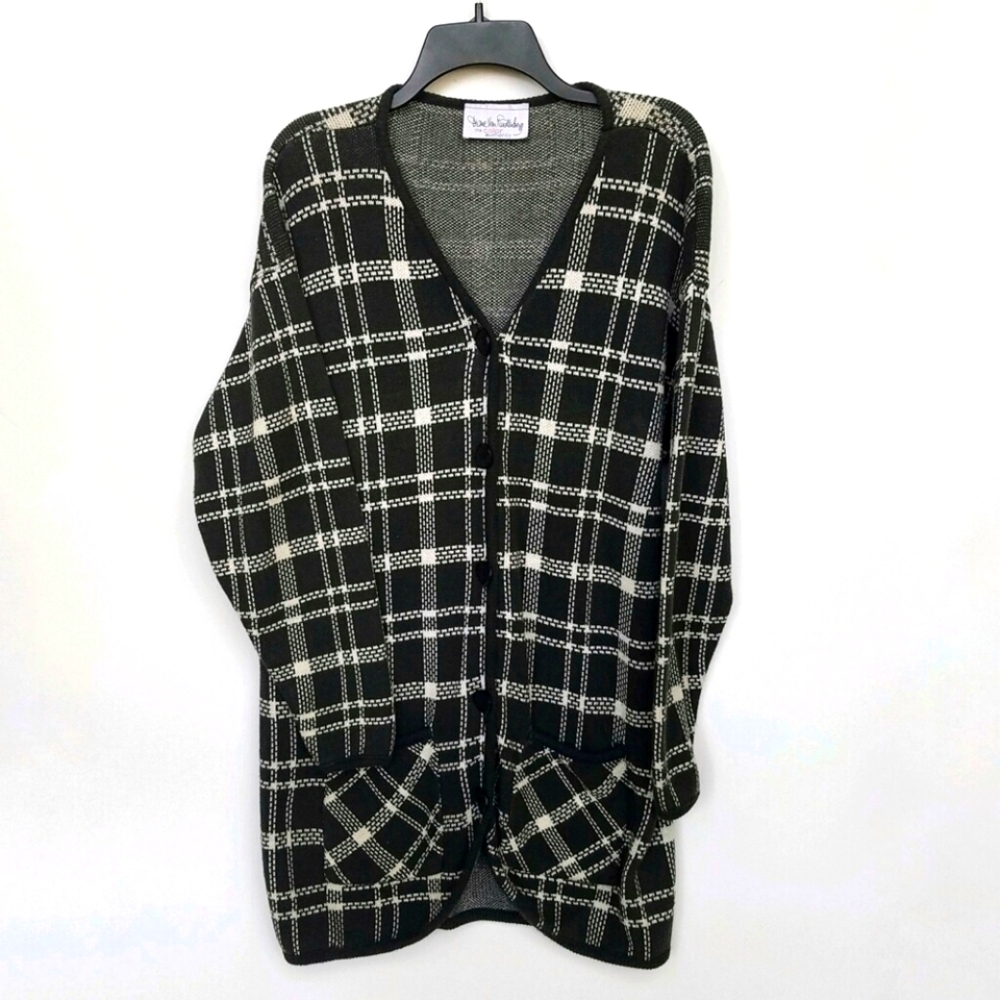 DVF Vintage Cardigan Windowpane Plaid Button Down Sweater Sz Med.